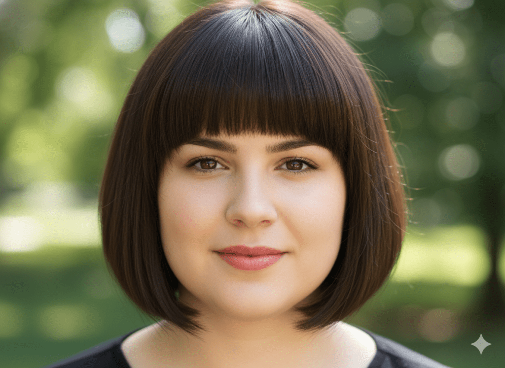 mulher de cabelo liso, castanho-escuro, fios densos, rosto redondo evidente, franja cheia na altura das sobrancelhas, corte alinhado no maxilar, expressão suave, fundo natural desfocado