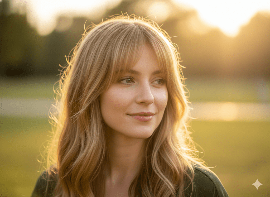 mulher de cabelos longos e finos, loiro-mel, ondas leves, franja cortina dividida no centro, maçãs do rosto suaves, expressão luminosa