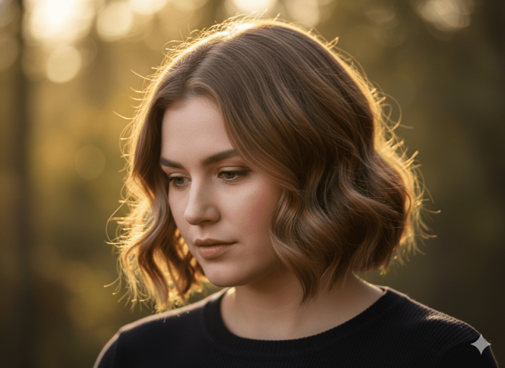 mulher com bob ondulado, castanho-claro, fios grossos, corte na metade do pescoço, textura macia, olhos destacados, rosto redondo com leve rubor