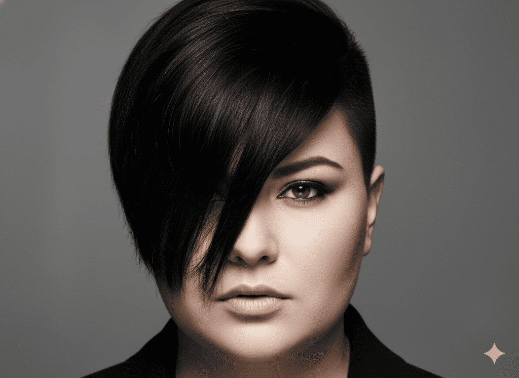 mulher com cabelo curtíssimo nas laterais, topo mais longo, franja lateral marcada, fios pretos lisos, estrutura facial arredondada, olhar expressivo