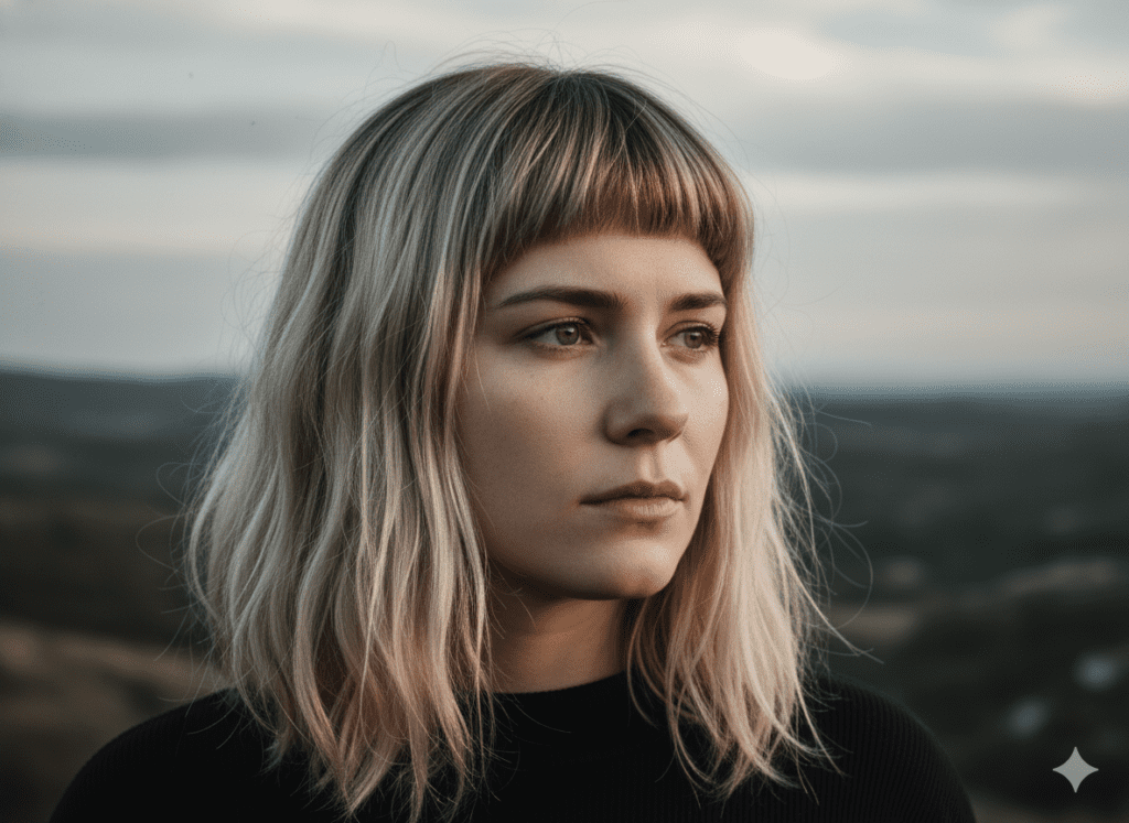 mulher de cabelos médios, loiro-escuro, franja curta acima das sobrancelhas, comprimento nos ombros com pontas desconectadas, estilo ousado, rosto redondo com traços fortes