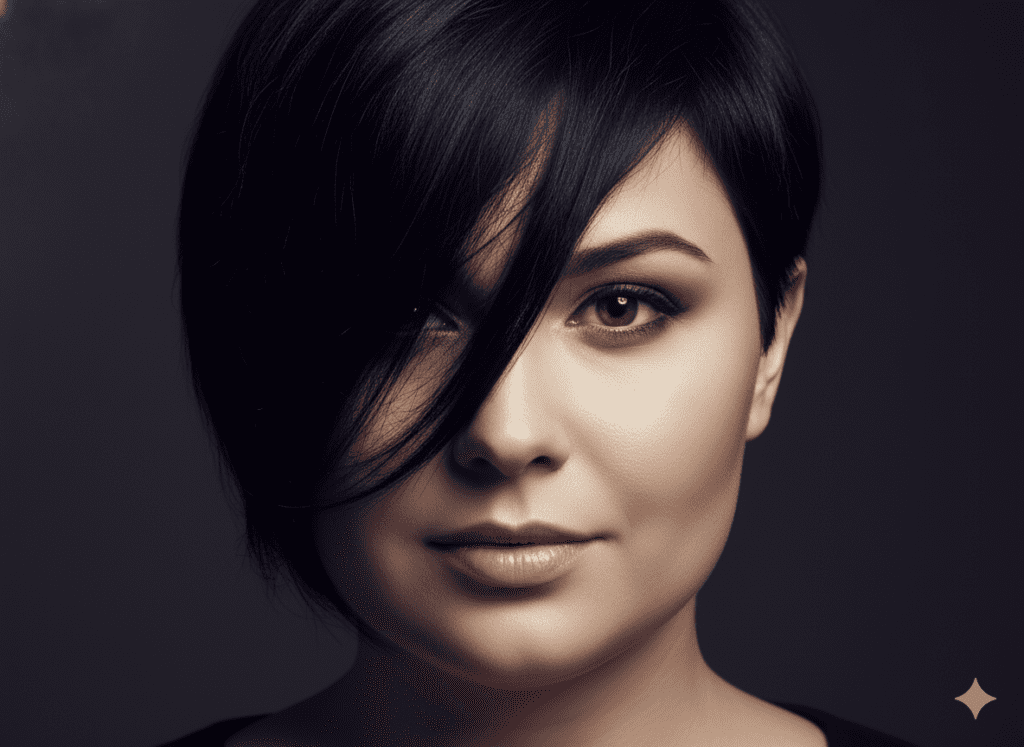 mulher com cabelo curto, preto intenso, franja lateral longa e fluida, maxilar suave, rosto redondo elegante, postura confiante