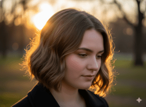 mulher com bob ondulado castanho-claro, textura suave e bem definida, comprimento exatamente no meio do pescoço, rosto redondo com maçãs do rosto levemente realçadas, olhar direcionado discretamente para baixo em uma postura introspectiva, luz natural suave destacando a textura dos fios