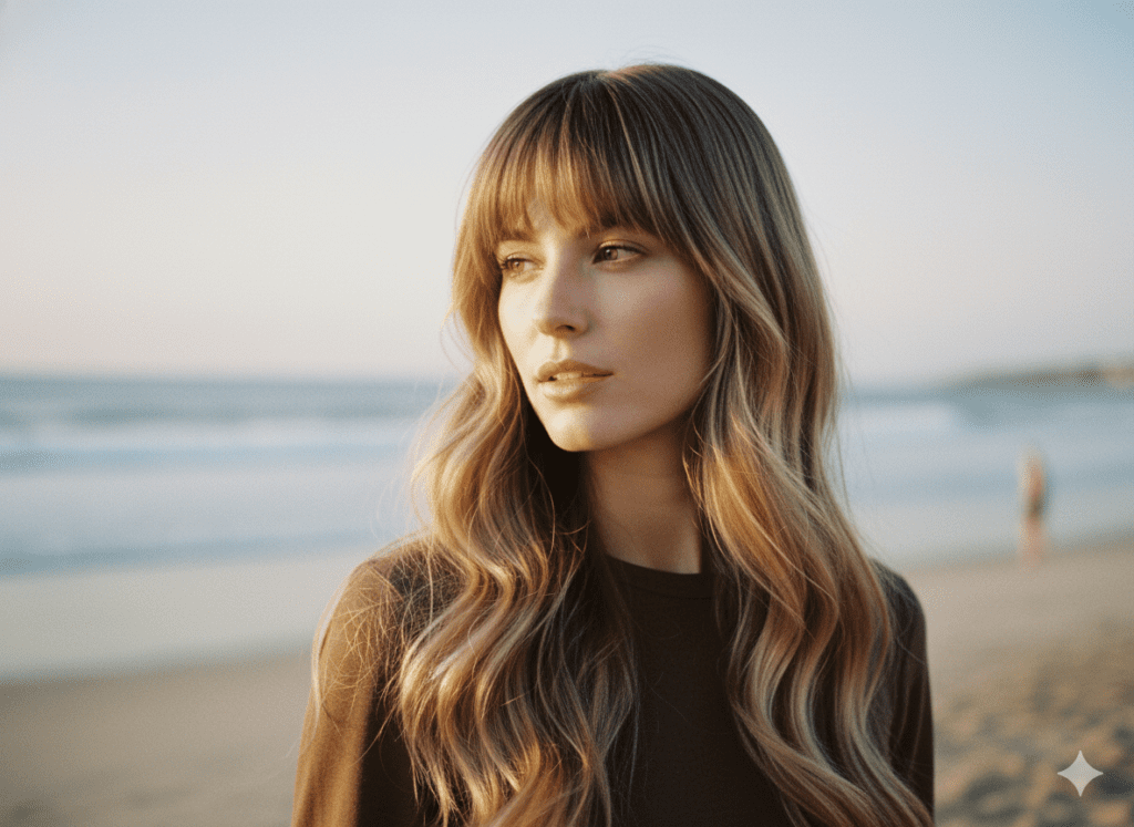 mulher com cabelo longo e ondulado, franja reta estruturada, balayage loiro suave, ondas polidas, expressão delicada ressaltando o contraste entre franja e ondas