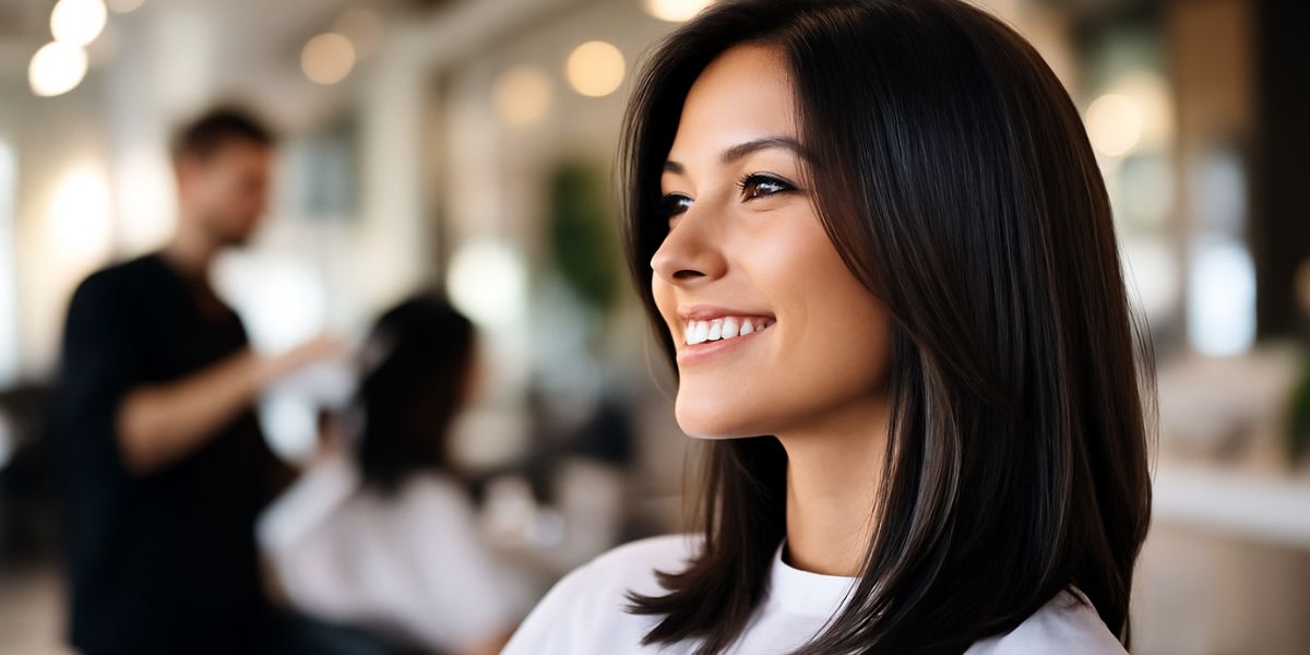 7 cortes com progressiva para cabelos oleosos 1 mulher com cabelo liso no salão de beleza esperando por uma progressiva