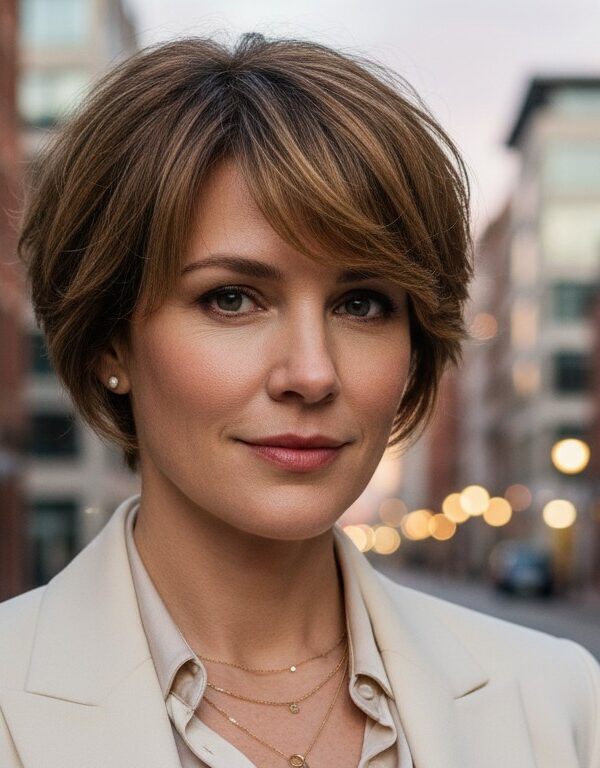 Mulher com corte cortes com franja para rosto redondo e cabelos finos