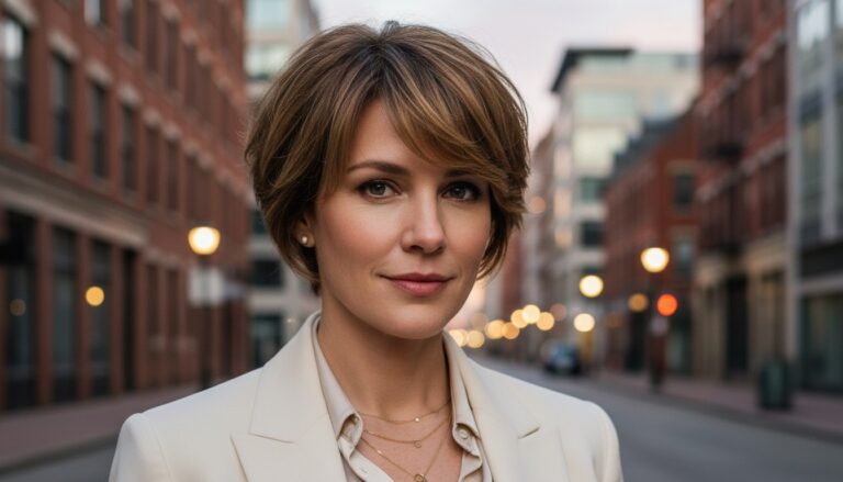 Mulher com corte cortes com franja para rosto redondo e cabelos finos