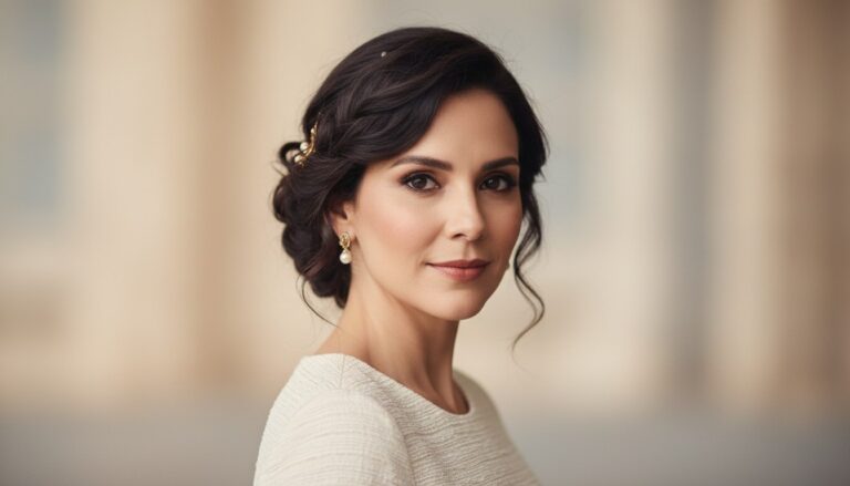 Penteados para casamento: convidada com cabelo curto 2 Retrato fotográfico realista de uma única mulher brasileira 30+ anos, cabelo focando em Penteados para casamento