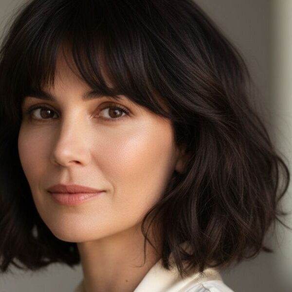 Retrato de beleza editorial, mulher 30+ anos, cabelo focando em Os Cortes Curtos com Franja Mais Desejados para Rostos Ovais