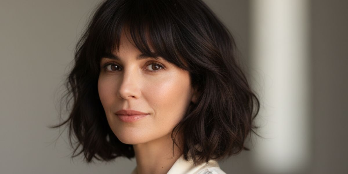 Retrato de beleza editorial, mulher 30+ anos, cabelo focando em Os Cortes Curtos com Franja Mais Desejados para Rostos Ovais